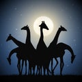 Giraffe family. Funny animal herd silhouette. Full moon in night sky