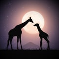 Giraffe family in savannah. Animal silhouette. Full moon, starry night Royalty Free Stock Photo