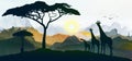 Giraffe family silhouettes, Vector illustration africa sunset panorama landscape Royalty Free Stock Photo