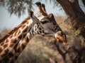 Giraffe feeding on a sunny day. Close-up portrait view.