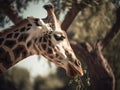 Giraffe feeding on a sunny day. Close-up portrait view.