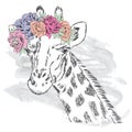 Giraffe in a flower wreath.