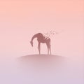 Giraffe and flying birds in fog. Endangered animal. Death, afterlife