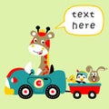 Giraffe and friends on car, vector cartoon illustration