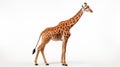 A giraffe full body against a bright white background