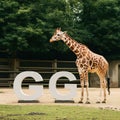 A giraffe (Giraffa camelopardalis) is standing next to two large, white, three- Royalty Free Stock Photo
