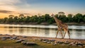 Giraffe Giraffa camelopardalis walking along a sandy riverbank at sunset Royalty Free Stock Photo