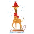 Giraffe going for a sliegh ride. Winter activities. Vector illustration on white isolated background. Royalty Free Stock Photo