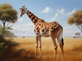 Giraffe Grace: Majestic Savanna Portrait in Natural Habitat Painting. Royalty Free Stock Photo