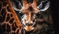 Giraffe grazing in African meadow, cute portrait generated by AI