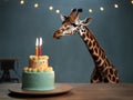 A giraffe with a green birthday cake, blow candles, happy birthday and celebration concept, generative AI