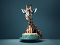 A giraffe with a green birthday cake, blow candles, happy birthday and celebration concept, generative AI