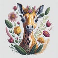 Giraffe head with flowers.