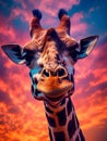 Giraffe head in front of a colorful sky with clouds. Royalty Free Stock Photo