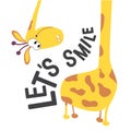 Giraffe head and neck for design on baby clothes, fabrics, cards and books. Let`s smile-a positive motivational phrase or quote. T