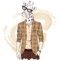 Giraffe - hipster in a jacket and sunglasses. Vector illustration. Print on a postcard, poster or clothing.