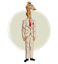 Giraffe hipster style with beige suit red tie mustache and glasses