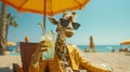 A giraffe in human clothes lies on a sunbathe on the beach, on a sun lounger, under a bright sun umbrella