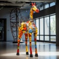 Vibrant Abstract Giraffe Statue: A Prairiecore Installation In A Spacious Room