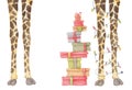 Giraffe legs with garland decoration and presents, Animal party watercolor hand drawn illustration Royalty Free Stock Photo