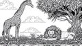 Giraffe and Lion Monochrome, Savanna Animals Black and White, Hand-drawn Art Royalty Free Stock Photo