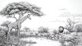 African Savannah Scene Giraffe and Lion by Waterhole in Detailed Line Art Drawing Royalty Free Stock Photo