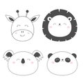 Giraffe Lion Koala Panda bear round face head sketch line icon set. Cute cartoon character. Kawaii animal. Funny baby kids print.