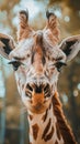 A giraffe with a long neck and brown spots is staring at the camera