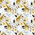 Giraffe with Long Neck and Rainforest Foliage Vector Seamless Pattern