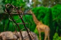 The giraffe matel statue behind blurred background