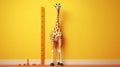 Giraffe measuring height with tape measure on yellow wall background Royalty Free Stock Photo