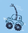 Giraffe monster, truck funny cool summer t-shirt print design. Racing car. Speed sport buggy