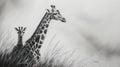 Two Giraffes in Tall Grass, Black and White Sketch, Adorable Baby Giraffe Royalty Free Stock Photo