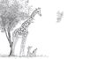 Giraffe Family Sketch Mother and Two Calves near a Tree in Black and White Art Royalty Free Stock Photo