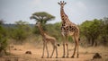 A giraffe mother and her calf standing side by side on savannah. Generative AI.