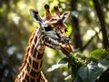 A giraffe munching on leaves in a lush jungle during midday