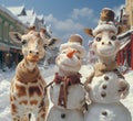 Giraffe and other creatures as snowman, winter scene Royalty Free Stock Photo