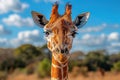 Giraffe posing for the camera against a stunning blue sky and cloudy background in kenya Royalty Free Stock Photo