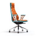 A giraffe print office chair with orange and blue upholstered seat, AI