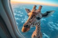 a giraffe reaching an airplane window with his long neck Generative AI