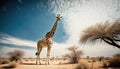 A majestic giraffe stands tall with sky behind in Africa generative AI