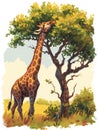 A giraffe reaching up to eat leaves from a tree, AI