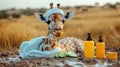 Giraffe relaxing with spa essentials in serengeti setting Royalty Free Stock Photo