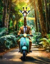 Giraffe Scooter Riding through the wild jungle