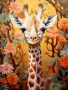 giraffe\'s head adorned with vibrant and colorful flower patterns. It\'s a striking representation