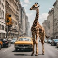 A giraffe walking in a city with cars - 1