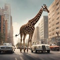 A giraffe walking in a city with cars - 1