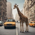 A giraffe walking in a city with cars - 1