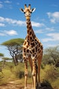 Giraffe in the Savannah: A Majestic Display of Nature\'s Unfading Charm. Vertical orientation Royalty Free Stock Photo