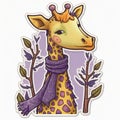 giraffe, scarf, sticker humanized characters funny vector artistic and delicate minimalist hand drawn doodle.